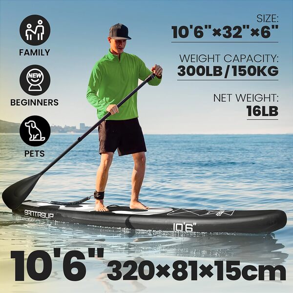 Santasup Stand Up Paddle Planche de Surf Sup Gonflable Complet Accessoires Paddle Gonflable Pagaie Réglable, Pompe, Tapis Antidérapant, pour Adultes Pompe, Sac à Dos de Voyage ISUP