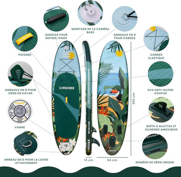 HUIIKE Paddle Gonflable Adulte avec Accessoires Inclus, Pagaie, Ailerons, Pompe. Planche de Stand Up Paddle Grande Stabilité et Résistance. 305 x 84 x 15 cm, Jusqu'à 130 kg