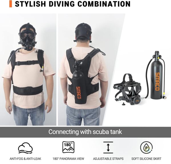 SMACO Bouteille de Plongée 2L pour Plongée en Eau Peu Profonde, Mini Cylindre de Plongée Fournir 25-30 Minutes de Soutien Respiratoire pour Loisirs sous-Marins/Pratique de la Plongée