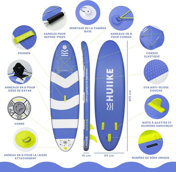 HUIIKE Paddle Gonflable Adulte avec Accessoires Inclus, Pagaie, Ailerons, Pompe. Planche de Stand Up Paddle Grande Stabilité et Résistance. 305 x 84 x 15 cm, Jusqu'à 130 kg