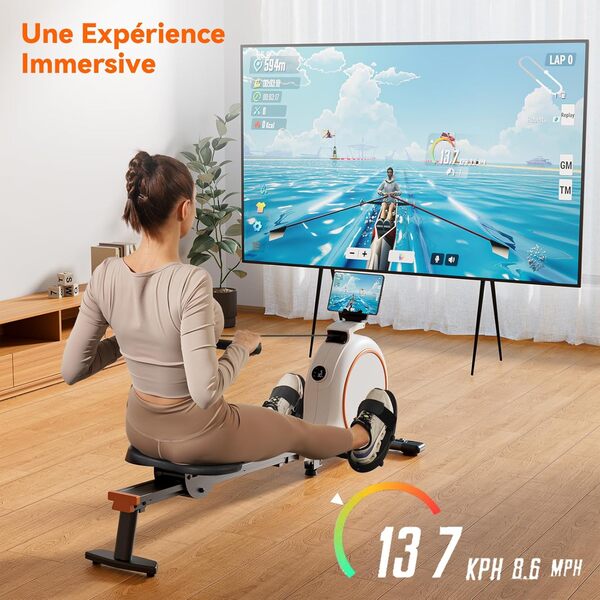 Rameur Magnétique pour Usage Domestique, 32 Niveaux de Résistance, Max 136KG, Rameur Cardio APP Contrôle, avec Support de Tablette et Écran LCD