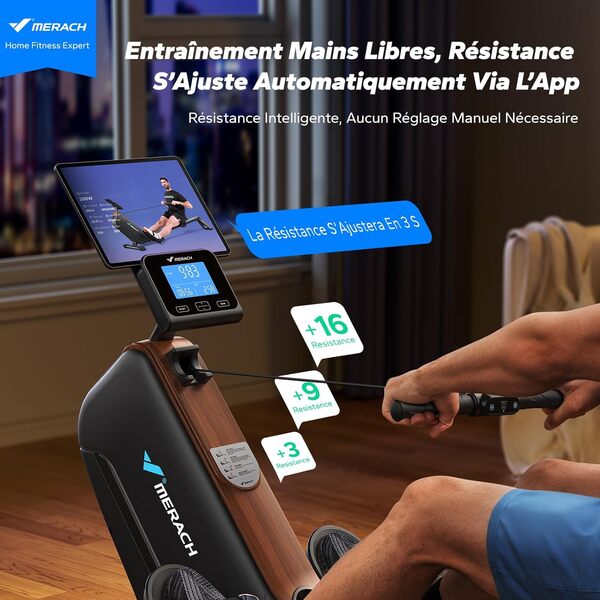 MERACH Rameur d'appartement, Rameur Magnétique Silencieux, Rails Améliorés et Allongés de 130 cm pour Une Plus Grande liberté de Mouvement, équipé d'une Application Exclusive