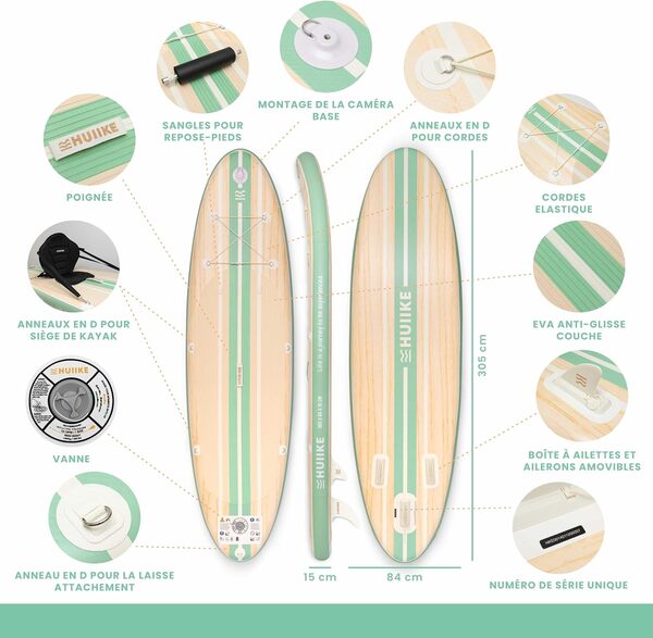 HUIIKE Paddle Gonflable Adulte avec Accessoires Inclus, Pagaie, Ailerons, Pompe. Planche de Stand Up Paddle Grande Stabilité et Résistance. 305 x 84 x 15 cm, Jusqu'à 130 kg