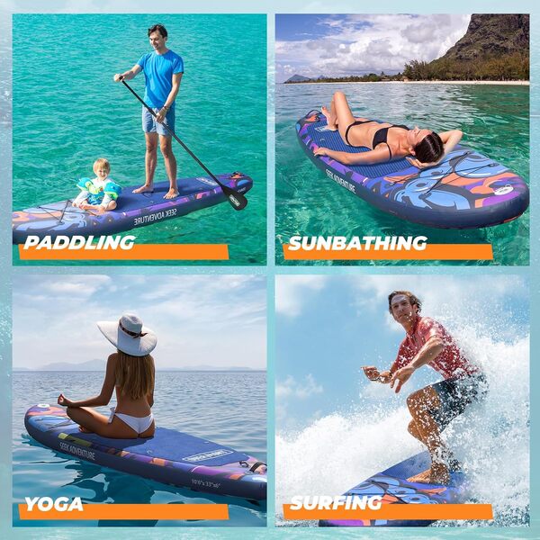 Overmont Planche de Sup Gonflable – Stand Up Paddle avec Accessoires – Inclut Une pagaie réglable, Une Pompe, Un aileron Amovible, Un Leash de Surf et Un Sac à Dos étanche