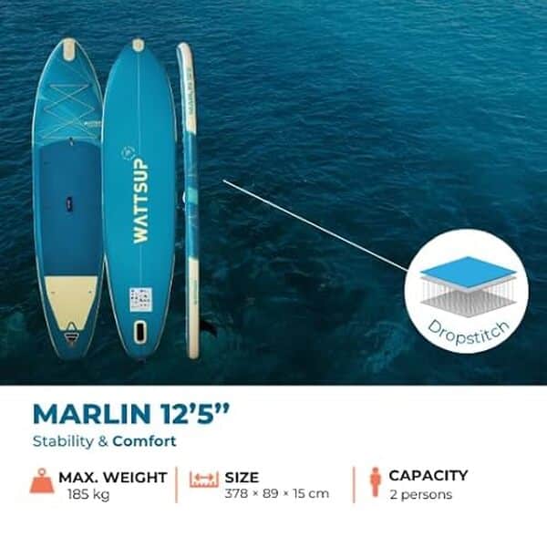 Explorez les performances du Wattsup Marlin 12'5 gonflable : guide ultime du pack complet pour stand up paddle testers et passionnés d'aventure aquatique