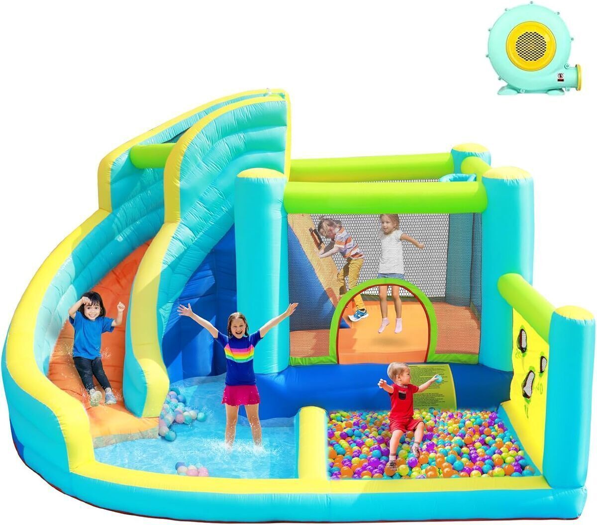 Test du château gonflable parc aquatique avec toboggan et trampoline