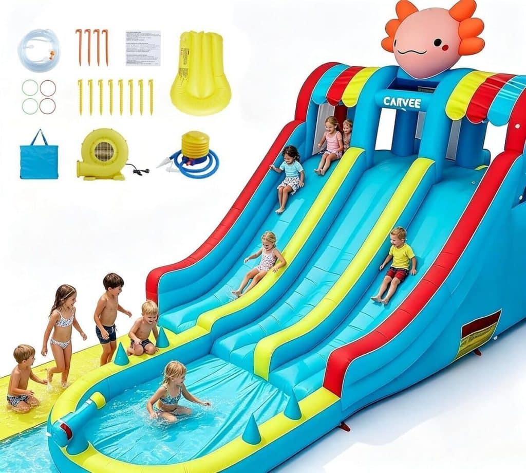 Test du château gonflable XXL avec double toboggan et piscine