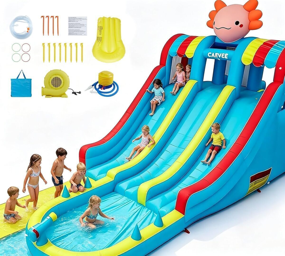 Test du château gonflable XXL avec double toboggan et piscine