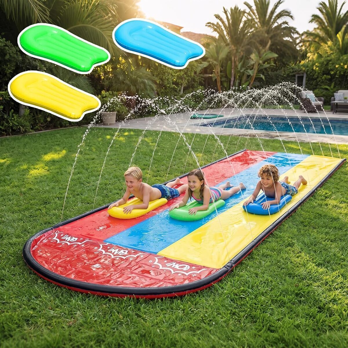 Test du toboggan aquatique Kouamor 4, 8 m avec planche de surf