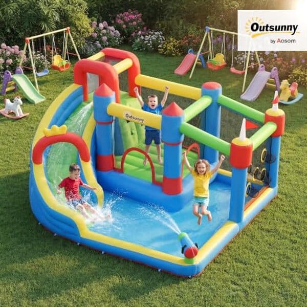 Découvrez notre test détaillé du château gonflable 6 en 1 Outsunny. Jeu complet pour enfants avec toboggan, panier de basket et piscine : caractéristiques, avantages et avis.