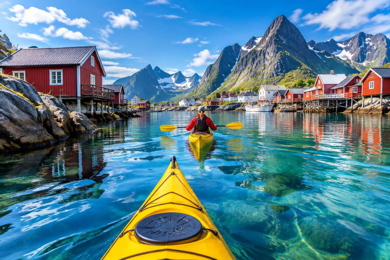 Balade en kayak à travers les villages de pêcheurs des îles Lofoten